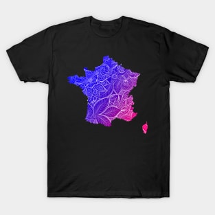 Colorful mandala art map of France with text in blue and violet T-Shirt